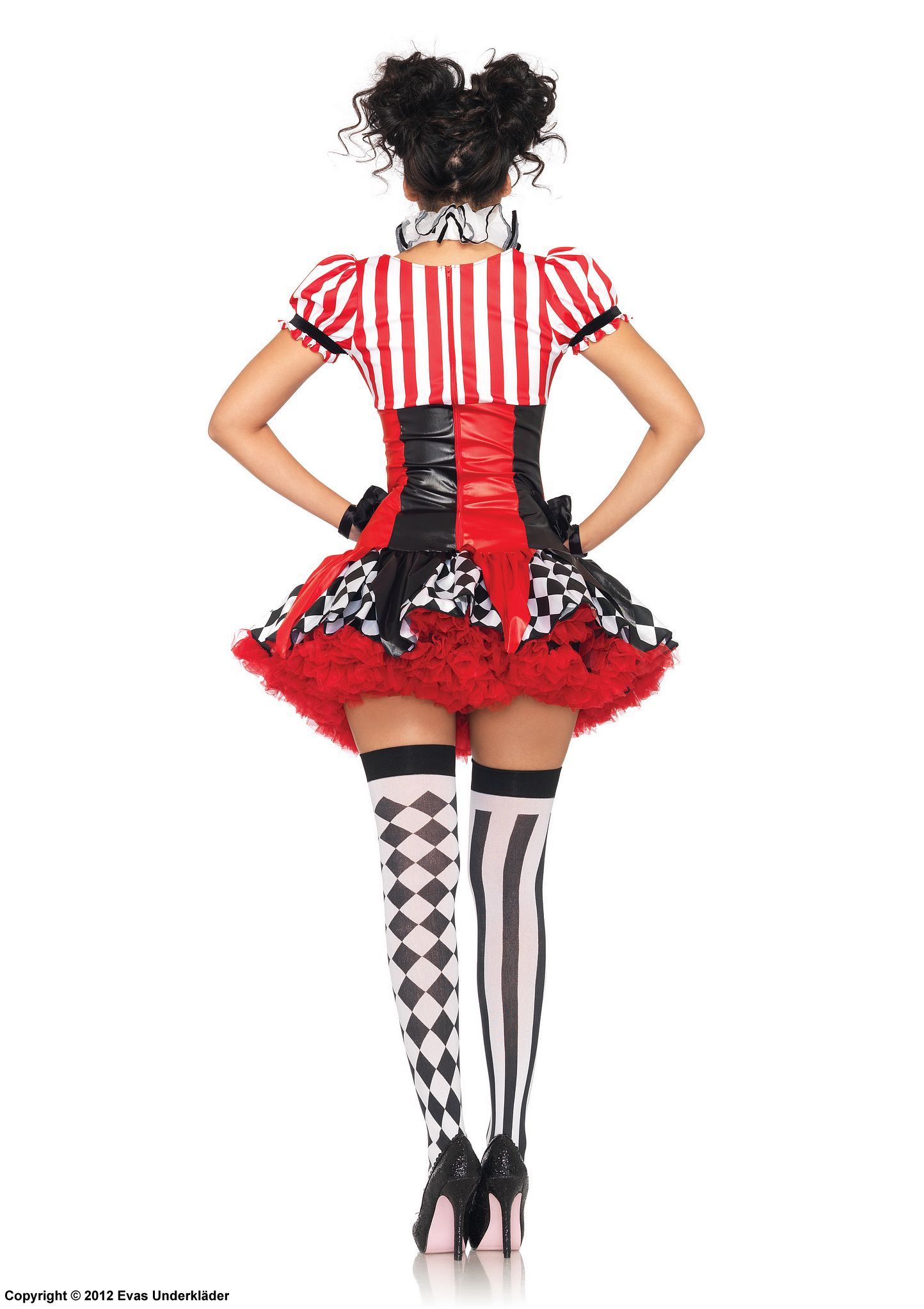 Female harlequin, costume dress, suspenders, pom pom buttons, stripes